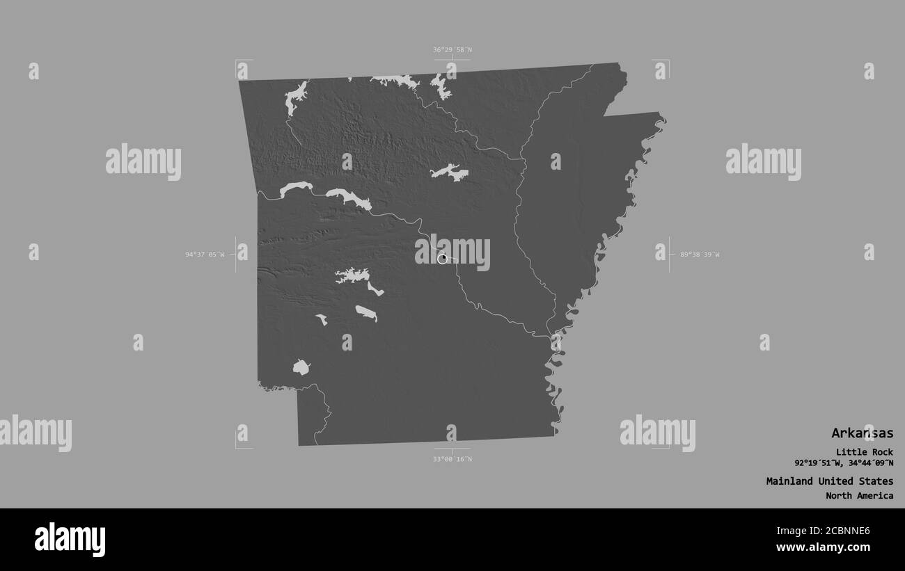 Area dell'Arkansas, stato della terraferma degli Stati Uniti, isolata su uno sfondo solido in una scatola di delimitazione georeferenziata. Etichette. Mappa elevazione bilivello. 3D r Foto Stock