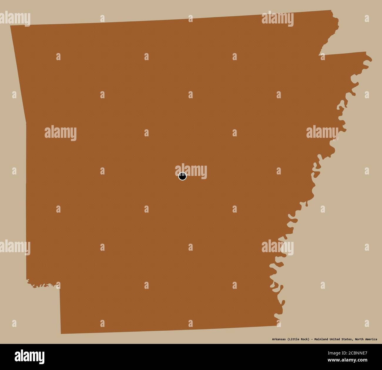 Forma dell'Arkansas, stato della terraferma degli Stati Uniti, con la sua capitale isolata su uno sfondo di colore solido. Composizione di texture con motivi. rendering 3D Foto Stock