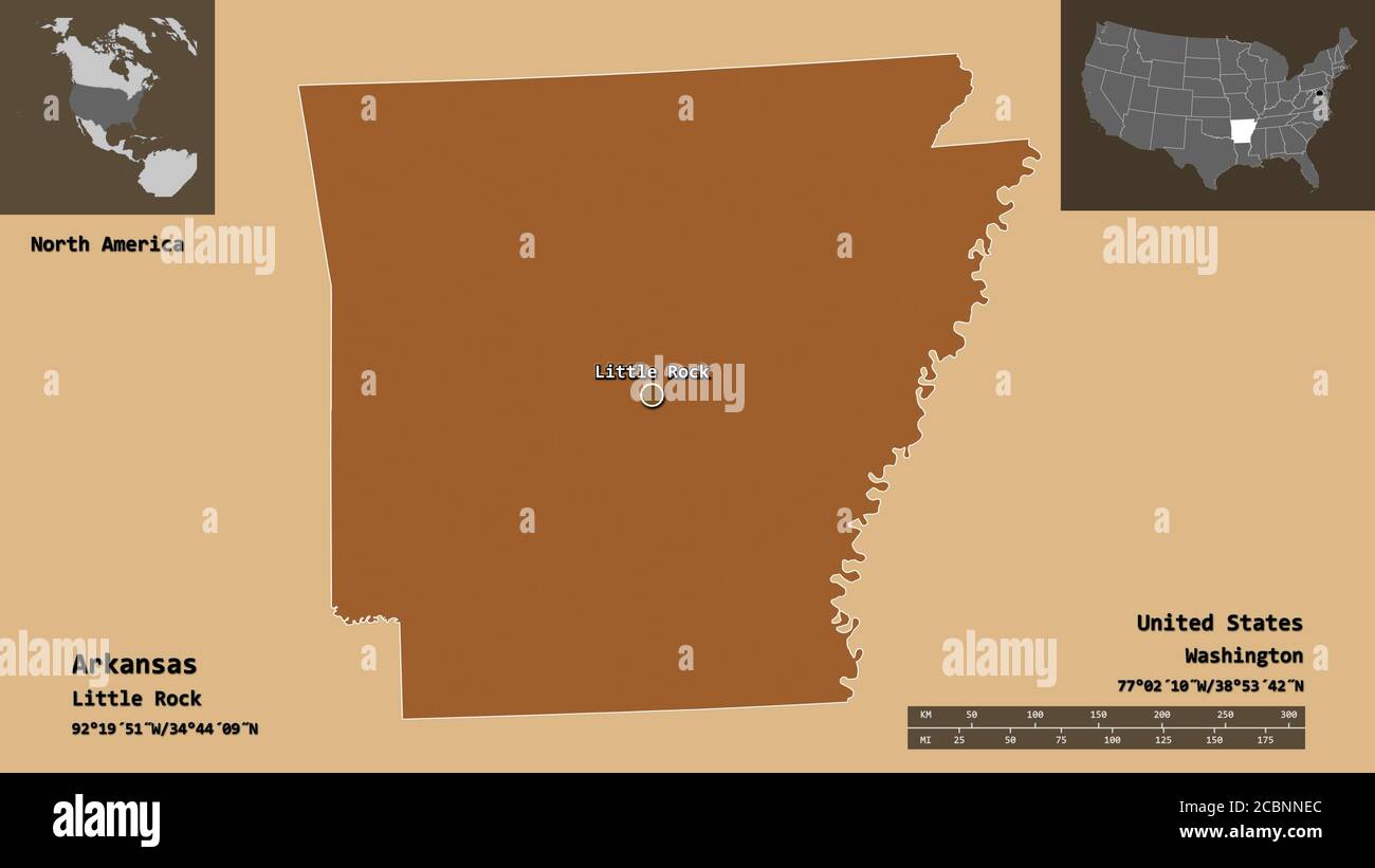 Forma dell'Arkansas, stato degli Stati Uniti della terraferma, e la sua capitale. Scala della distanza, anteprime ed etichette. Composizione di texture con motivi. Rendering 3D Foto Stock