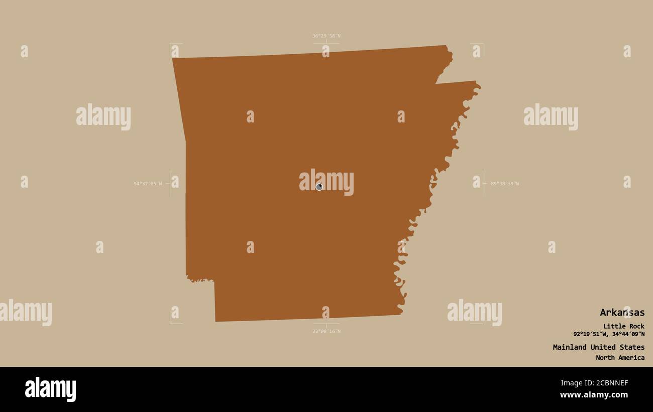 Area dell'Arkansas, stato della terraferma degli Stati Uniti, isolata su uno sfondo solido in una scatola di delimitazione georeferenziata. Etichette. Composizione di te modellato Foto Stock