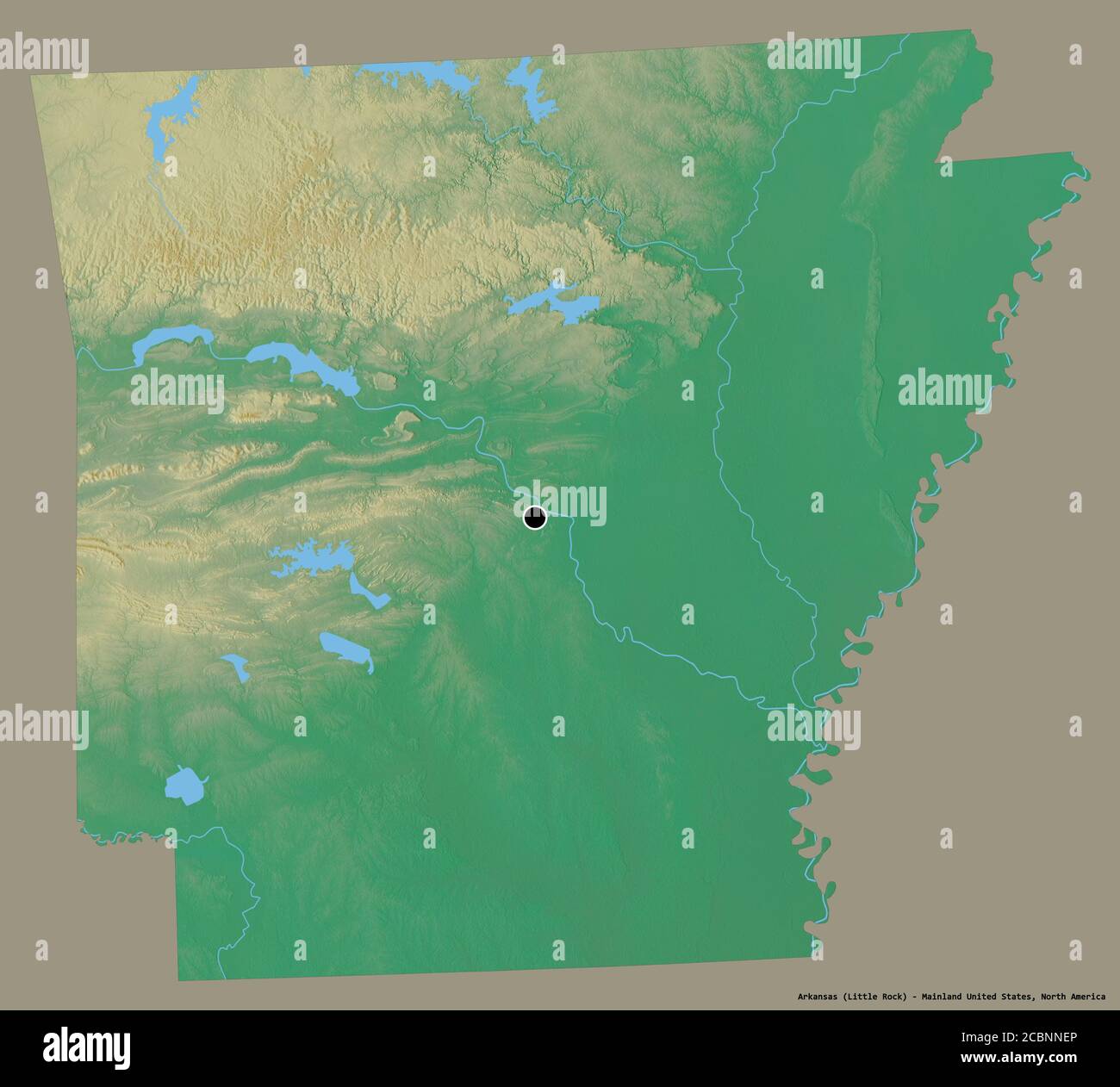 Forma dell'Arkansas, stato della terraferma degli Stati Uniti, con la sua capitale isolata su uno sfondo di colore solido. Mappa di rilievo topografico. Rendering 3D Foto Stock