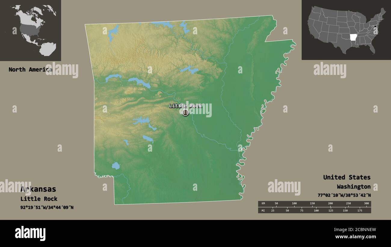 Forma dell'Arkansas, stato degli Stati Uniti della terraferma, e la sua capitale. Scala della distanza, anteprime ed etichette. Mappa di rilievo topografico. Rendering 3D Foto Stock