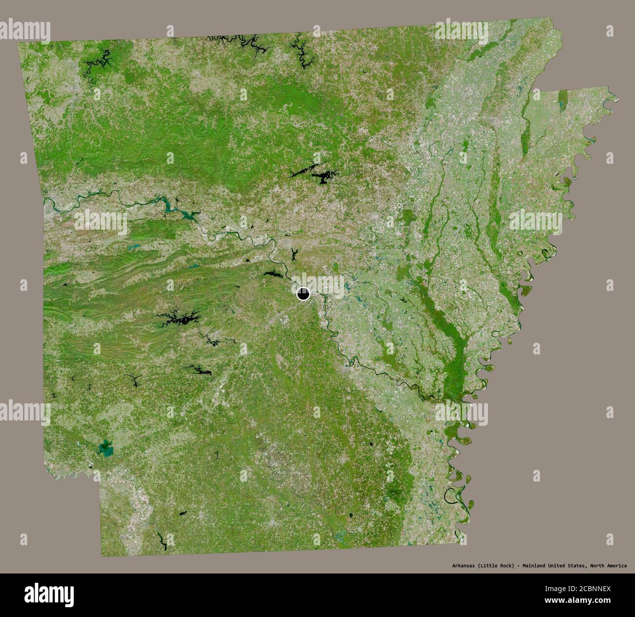Forma dell'Arkansas, stato della terraferma degli Stati Uniti, con la sua capitale isolata su uno sfondo di colore solido. Immagini satellitari. Rendering 3D Foto Stock