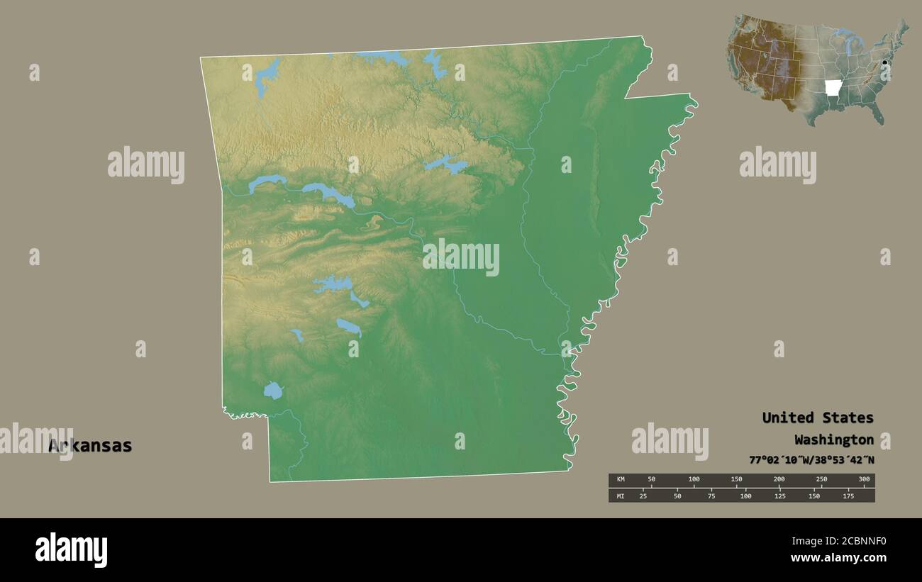 Forma dell'Arkansas, stato della terraferma degli Stati Uniti, con la sua capitale isolata su solido sfondo. Scala della distanza, anteprima della regione ed etichette. Topograp Foto Stock