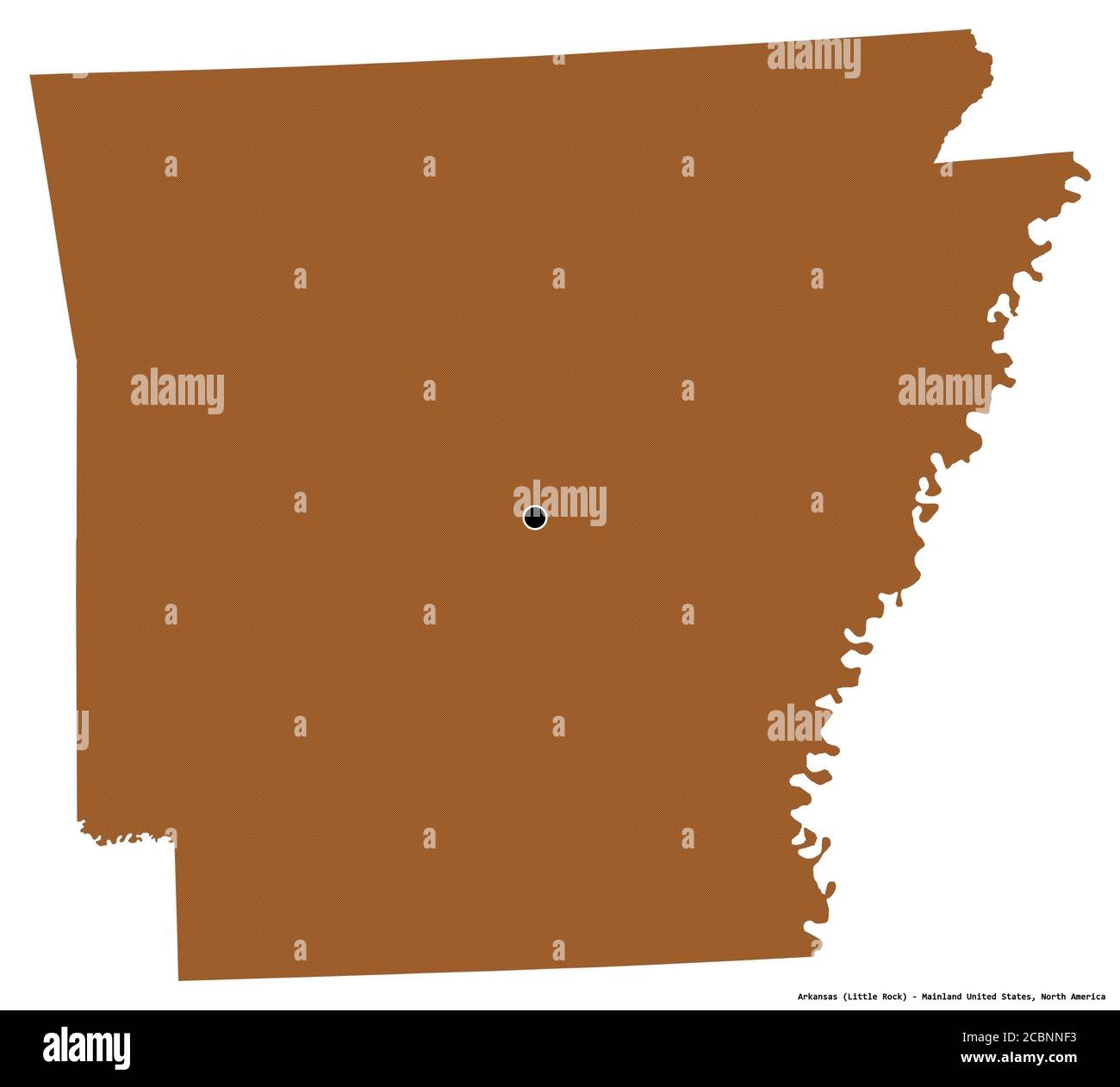 Forma dell'Arkansas, stato della terraferma degli Stati Uniti, con la sua capitale isolata su sfondo bianco. Composizione di texture con motivi. Rendering 3D Foto Stock