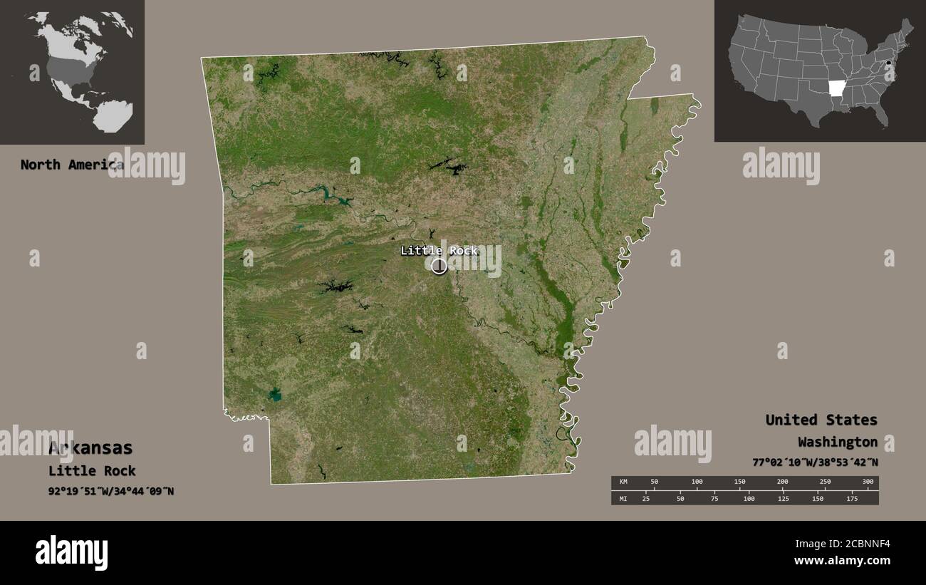 Forma dell'Arkansas, stato degli Stati Uniti della terraferma, e la sua capitale. Scala della distanza, anteprime ed etichette. Immagini satellitari. Rendering 3D Foto Stock