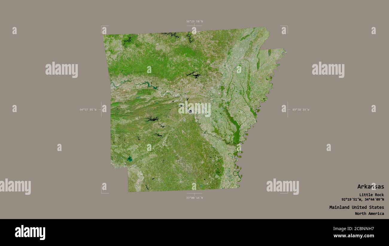 Area dell'Arkansas, stato della terraferma degli Stati Uniti, isolata su uno sfondo solido in una scatola di delimitazione georeferenziata. Etichette. Immagini satellitari. rendering 3D Foto Stock