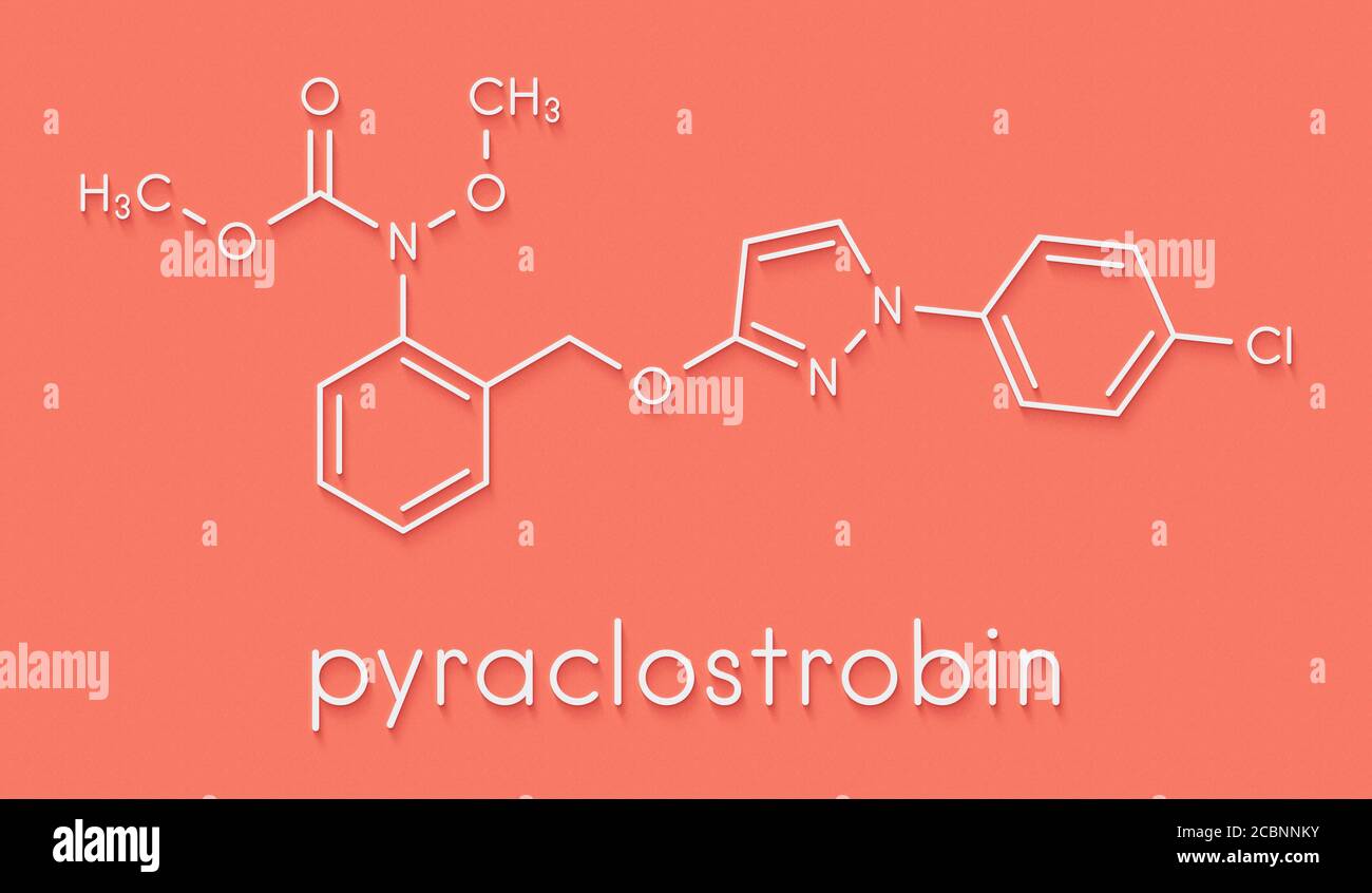 Pyraclostrobin fungicida molecola. Formula di scheletro. Foto Stock
