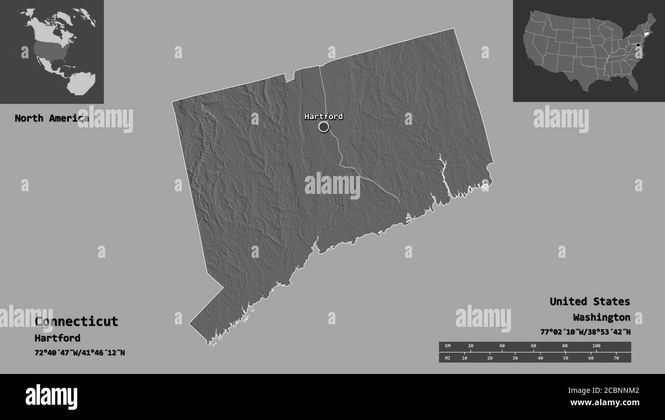Forma del Connecticut, stato degli Stati Uniti della terraferma, e la sua capitale. Scala della distanza, anteprime ed etichette. Mappa elevazione bilivello. Rendering 3D Foto Stock