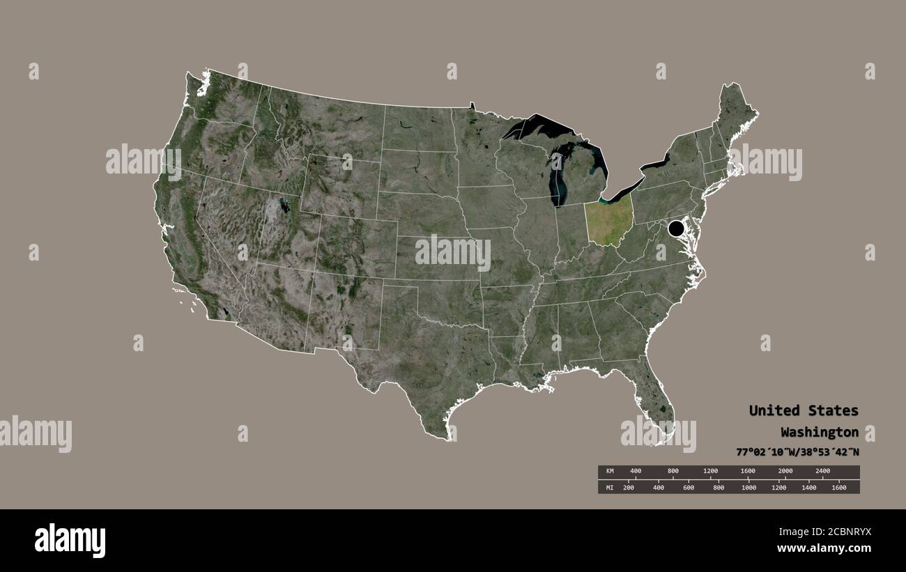 Forma desaturata degli Stati Uniti della terra con la relativa capitale, la divisione regionale principale e l'area separata dell'Ohio. Etichette. Immagini satellitari. Rendering 3D Foto Stock