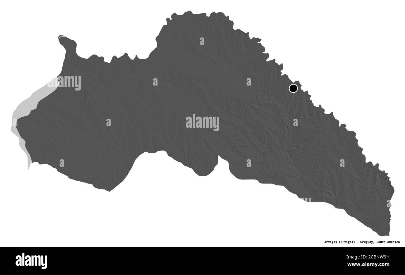 Forma di Artigas, dipartimento dell'Uruguay, con la sua capitale isolata su sfondo bianco. Mappa elevazione bilivello. Rendering 3D Foto Stock