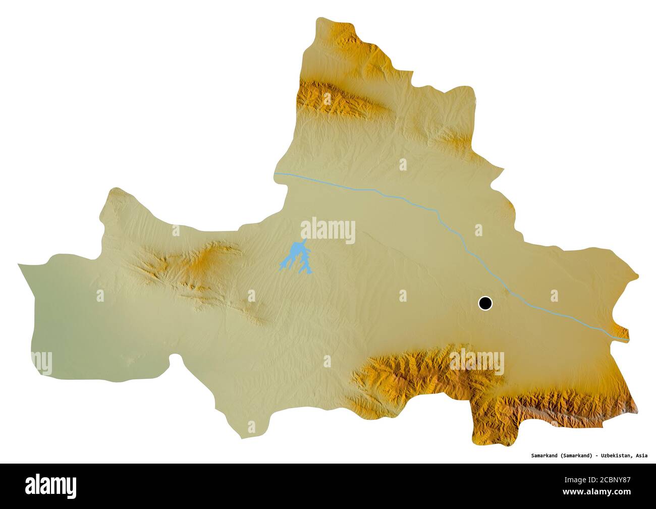 Forma di Samarcanda, regione dell'Uzbekistan, con la sua capitale isolata su sfondo bianco. Mappa di rilievo topografico. Rendering 3D Foto Stock