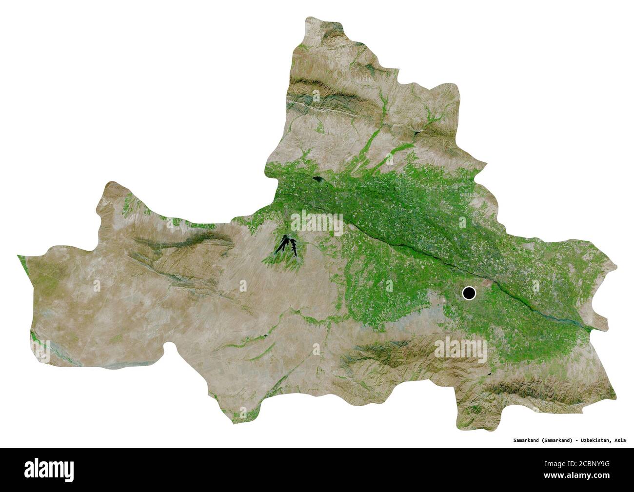 Forma di Samarcanda, regione dell'Uzbekistan, con la sua capitale isolata su sfondo bianco. Immagini satellitari. Rendering 3D Foto Stock