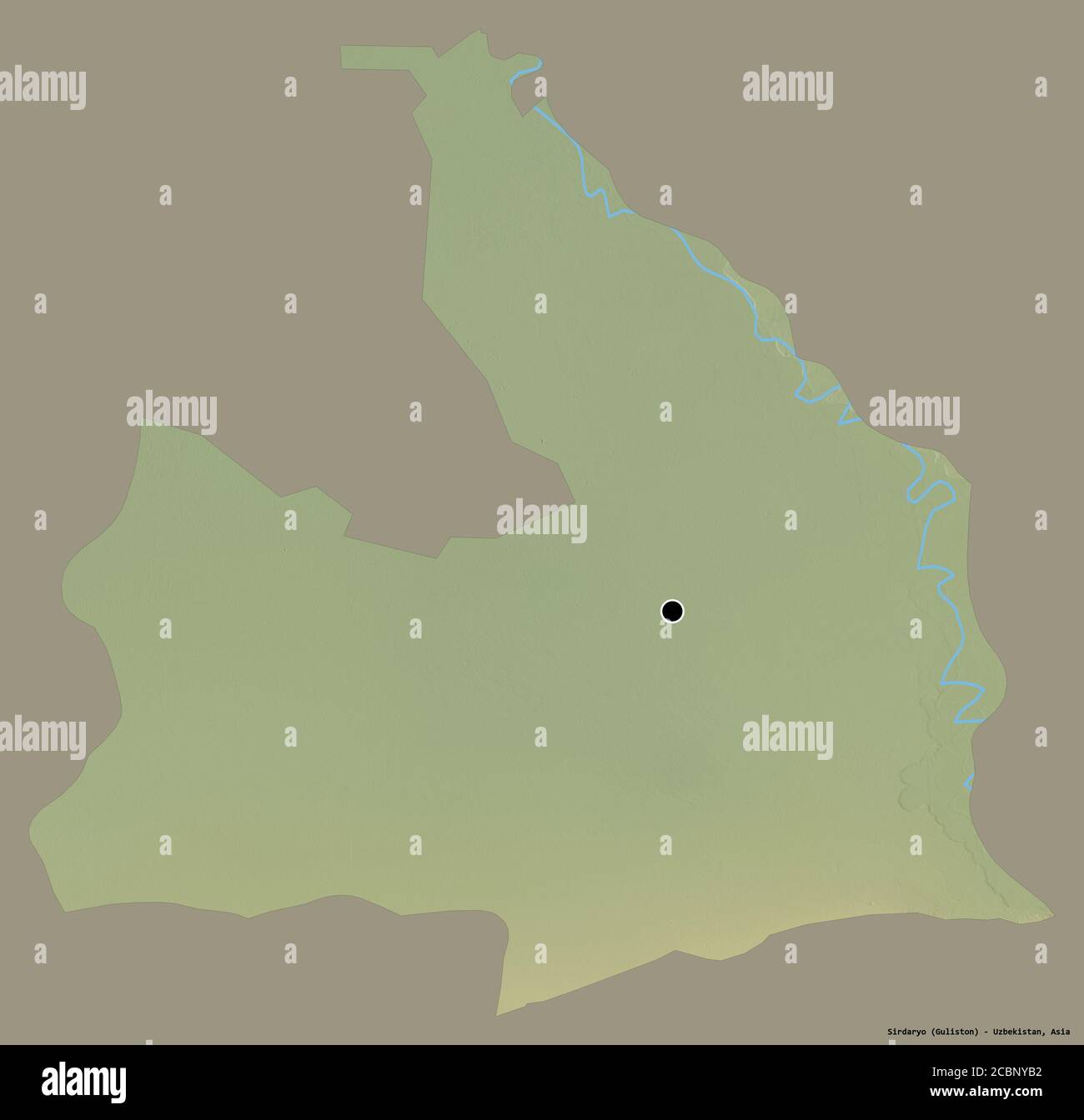Forma di Sirdaryo, regione dell'Uzbekistan, con la sua capitale isolata su uno sfondo di colore pieno. Mappa di rilievo topografico. Rendering 3D Foto Stock