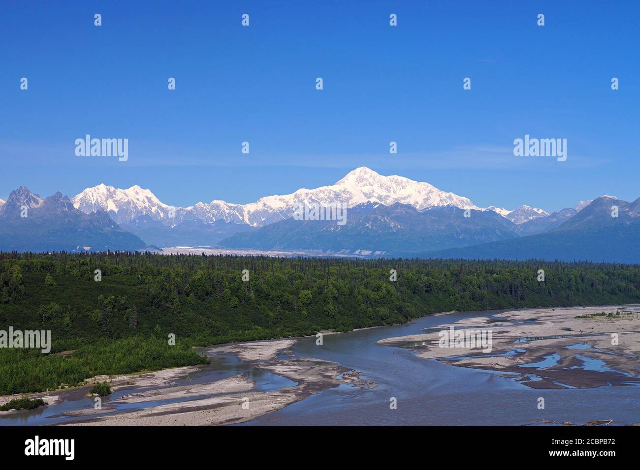 Vista sul fiume Chulitna fino al Monte Denali, Alaska, USA Foto Stock