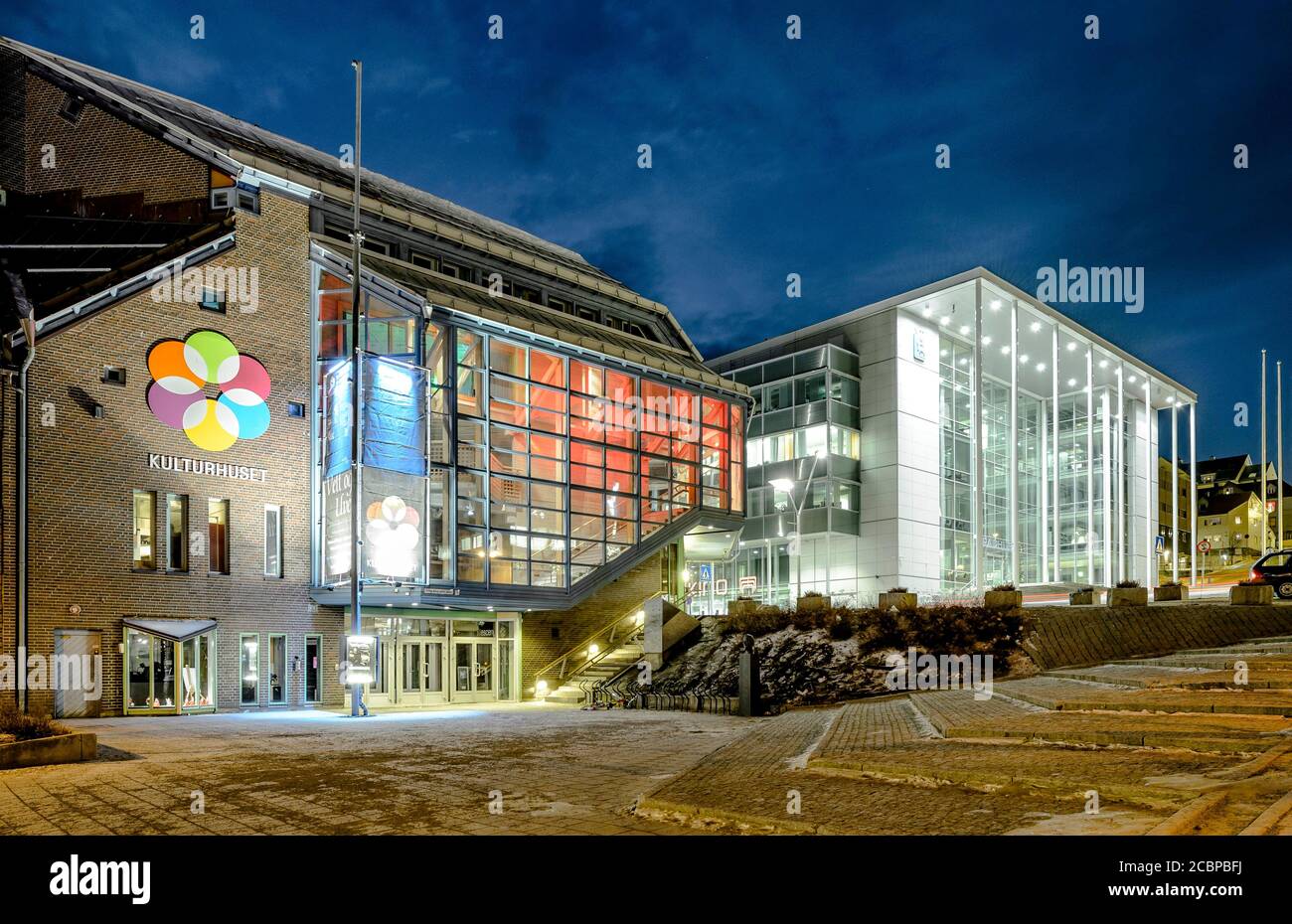 Sala cultura e municipio, notte polare, inverno, Tromsoe, Troms, Norvegia Foto Stock