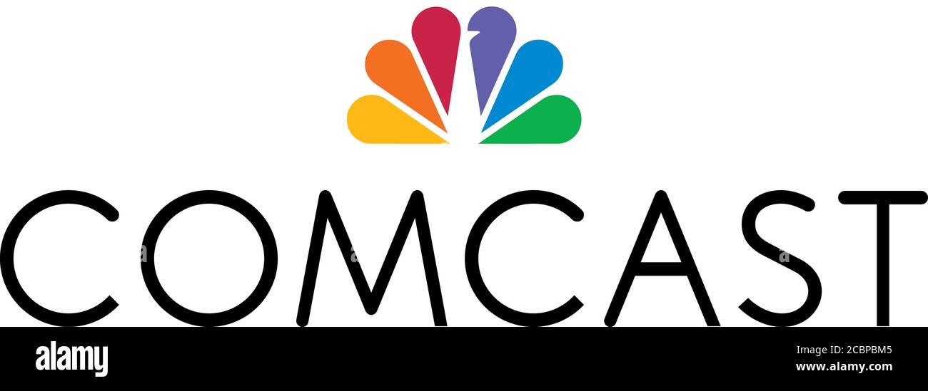 Logo Comcast, operatore di rete via cavo, provider di servizi Internet, gruppo di media, sfondo bianco Foto Stock