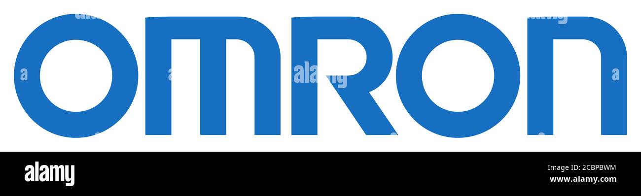 Logo Omron, automazione industriale, tecnologia medica, produttore di componenti elettronici, Nikkei 225, sfondo bianco Foto Stock