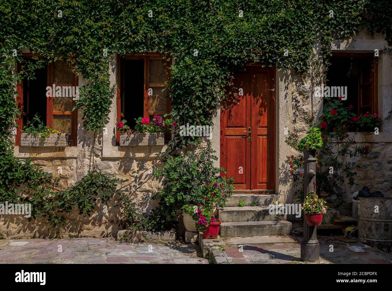 Antica casa in pietra coperta di edera con una porta in legno su una pittoresca strada del centro storico medievale ben conservato di Kotor, Montenegro nei Balcani Foto Stock