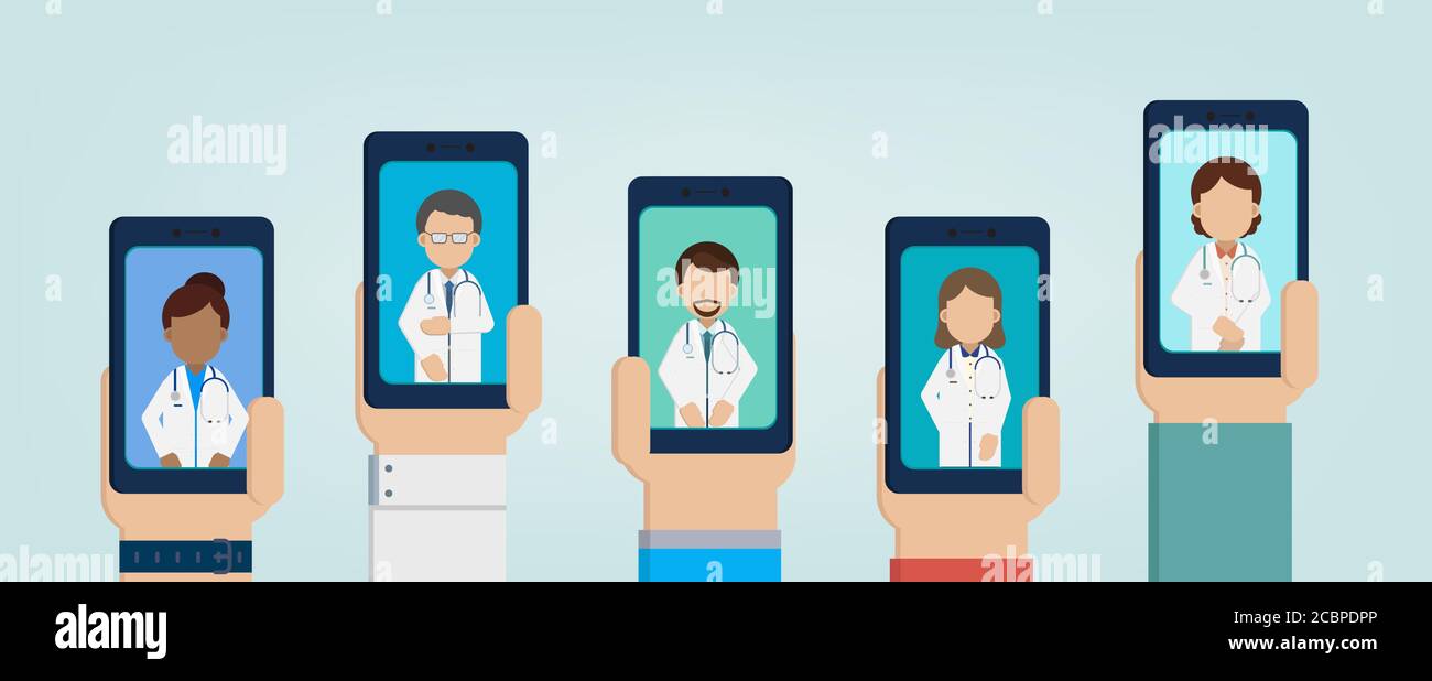 Servizio medico in linea con i medici sui telefoni mobili disegno piatto illustrazione vettoriale Illustrazione Vettoriale