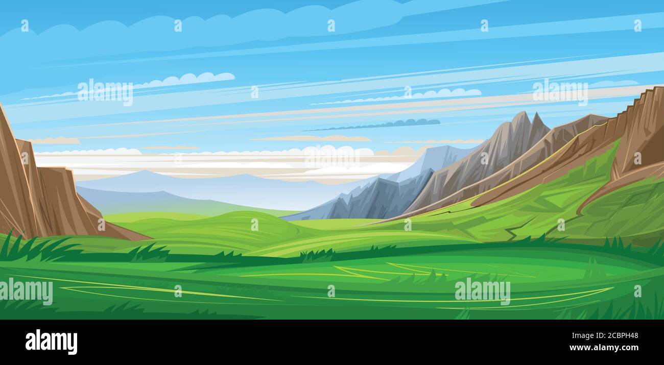 Catena montuosa. Orizzontale. Panorama delle montagne con nuvole e prato. Immagine di sfondo vettoriale. Stile cartoon piatto. Vista con orizzonte di riferimento. Illustrazione Vettoriale