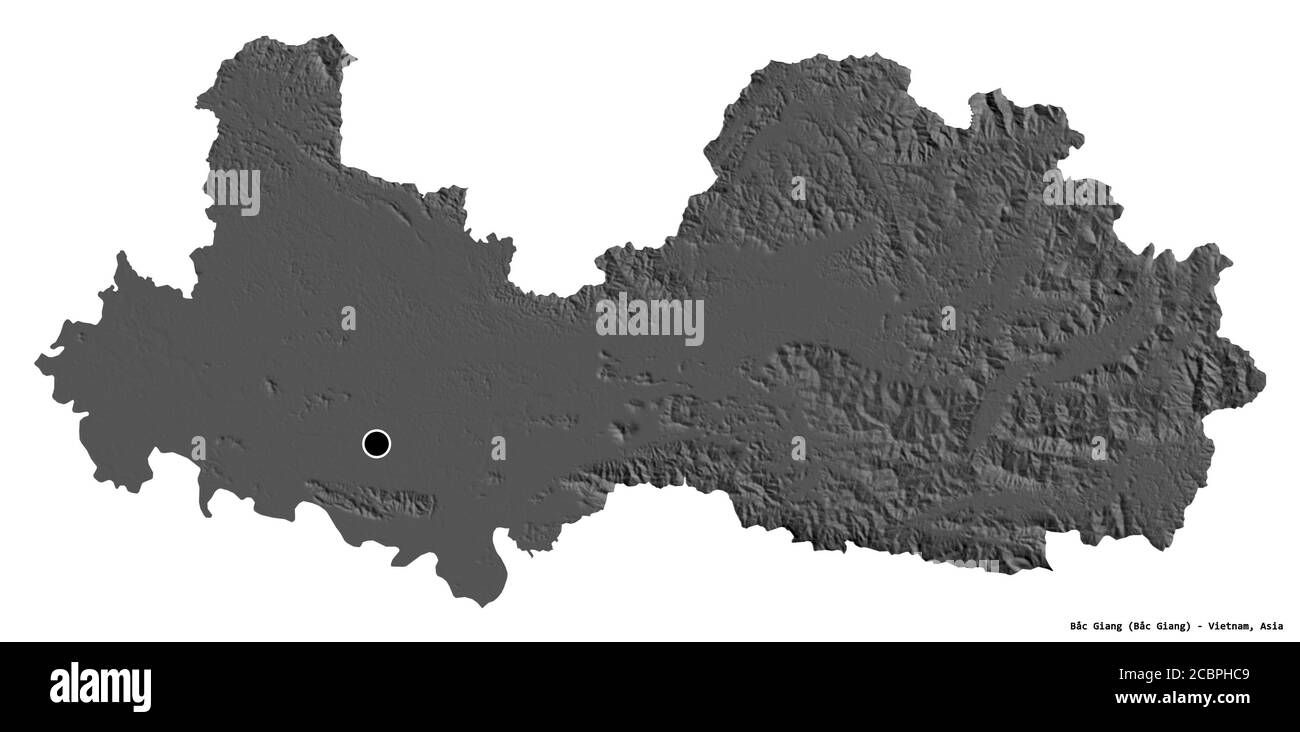 Forma di Bắc Giang, provincia del Vietnam, con la sua capitale isolata su sfondo bianco. Mappa elevazione bilivello. Rendering 3D Foto Stock