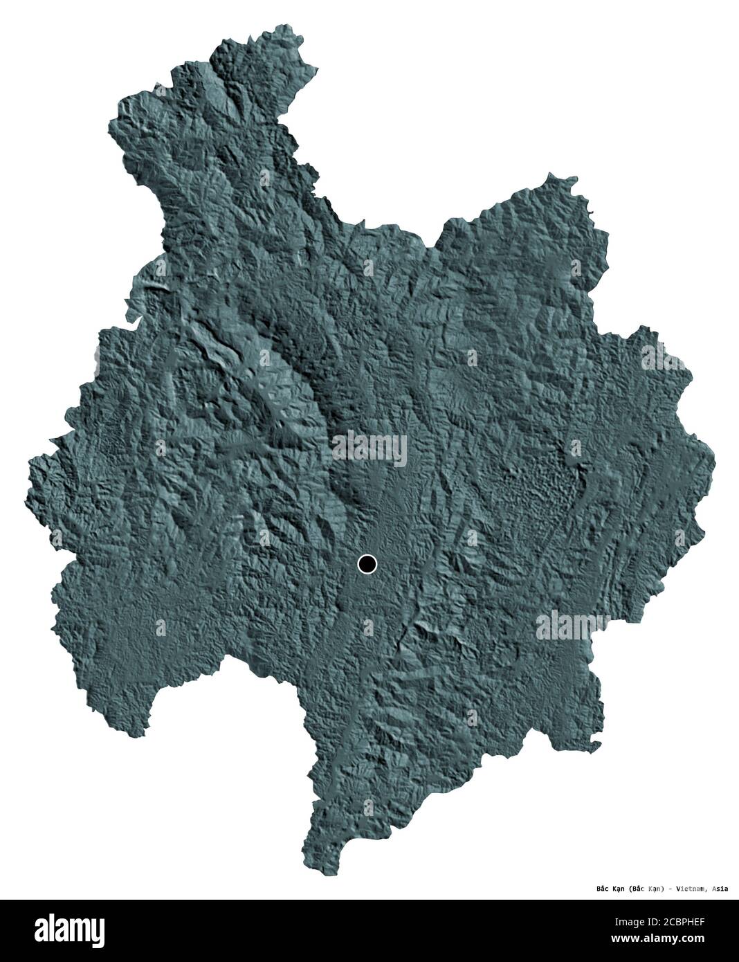 Forma di Bắc Kạn, provincia del Vietnam, con la sua capitale isolata su sfondo bianco. Mappa di elevazione colorata. Rendering 3D Foto Stock