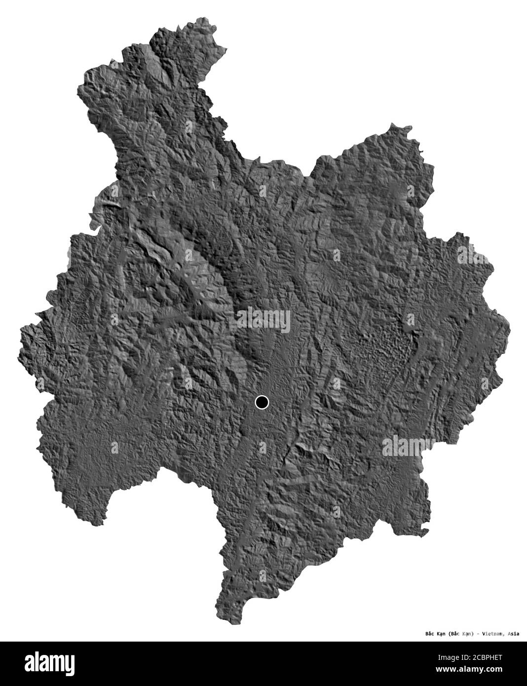 Forma di Bắc Kạn, provincia del Vietnam, con la sua capitale isolata su sfondo bianco. Mappa elevazione bilivello. Rendering 3D Foto Stock