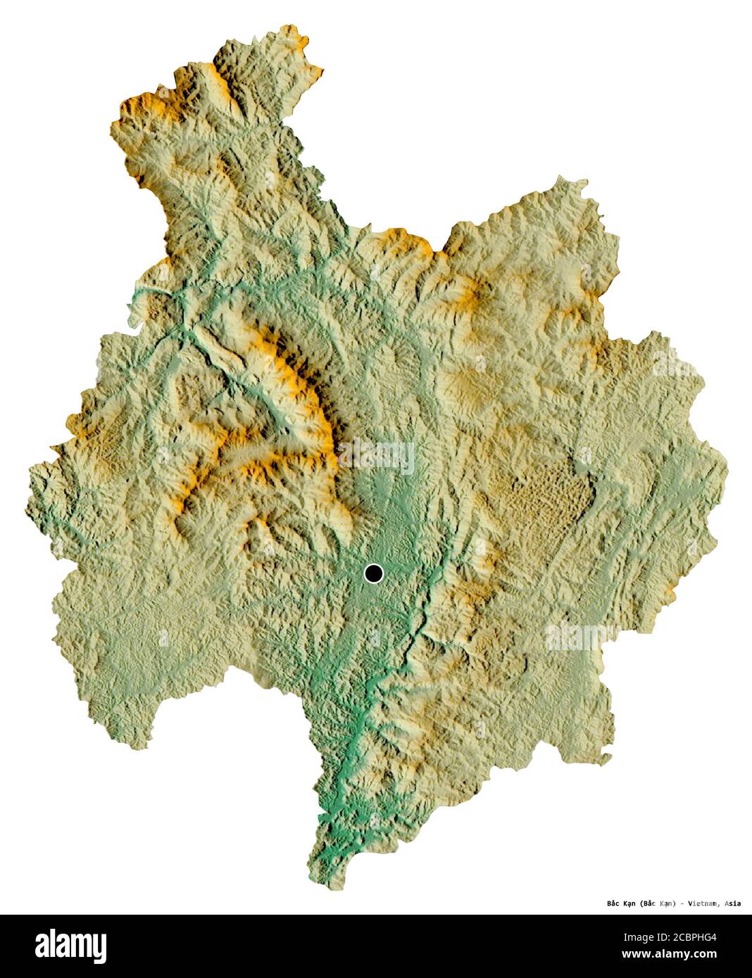Forma di Bắc Kạn, provincia del Vietnam, con la sua capitale isolata su sfondo bianco. Mappa di rilievo topografico. Rendering 3D Foto Stock