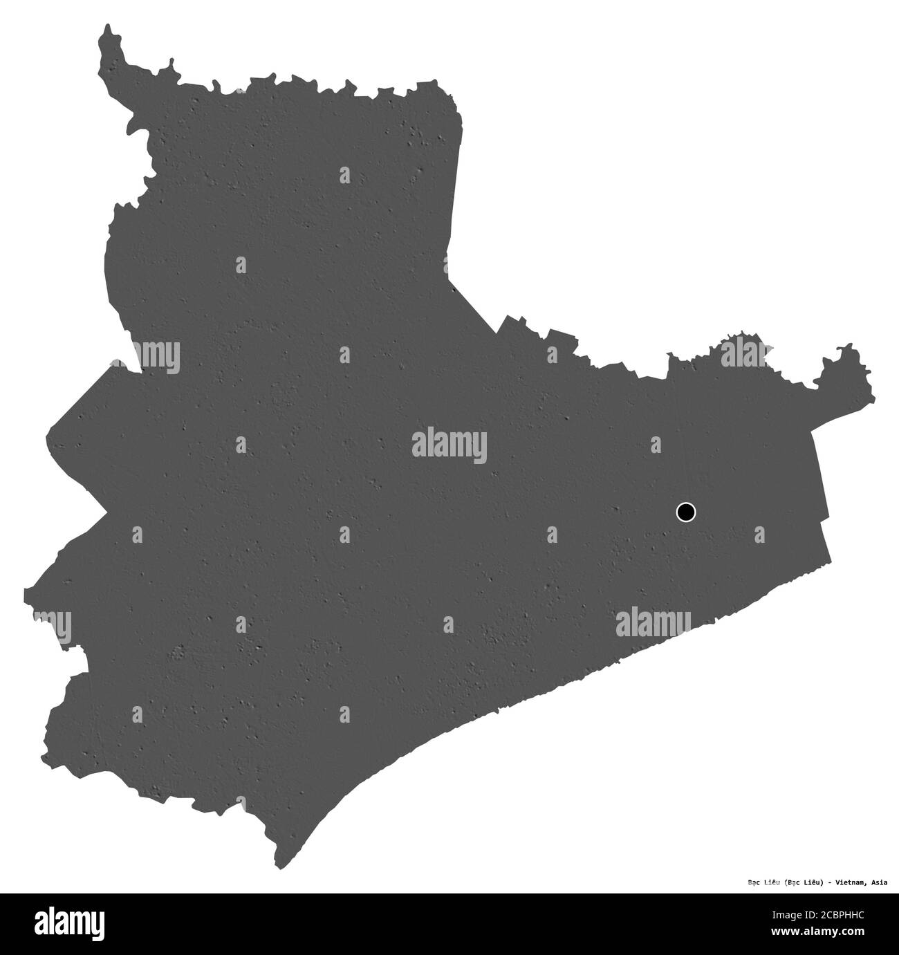 Forma di Bạc Liêu, provincia del Vietnam, con la sua capitale isolata su sfondo bianco. Mappa elevazione bilivello. Rendering 3D Foto Stock