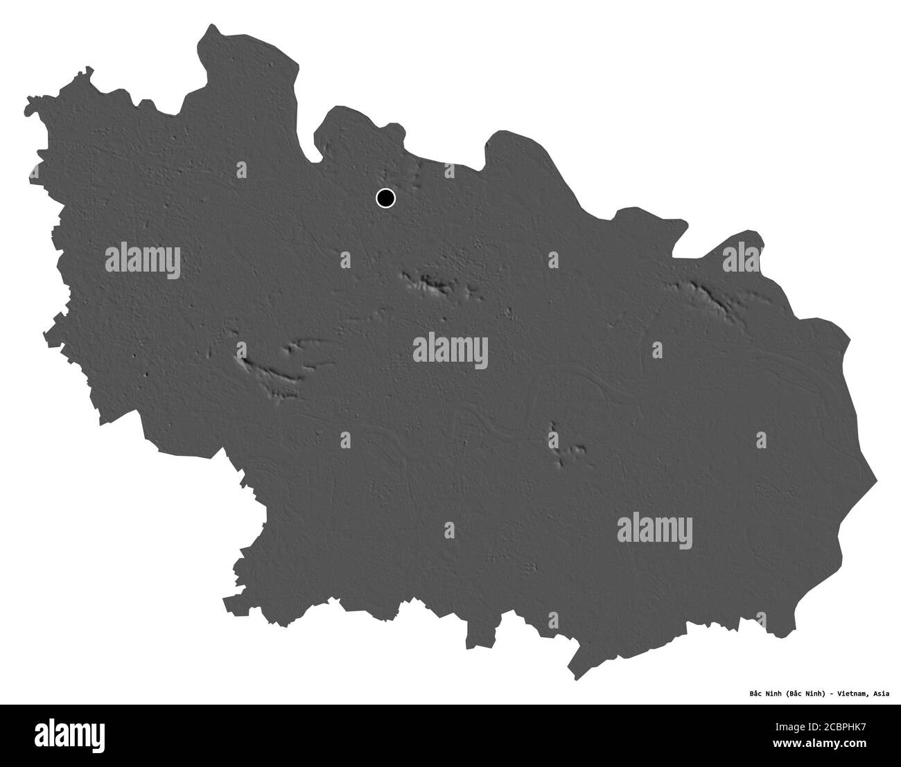 Forma di Bắc Ninh, provincia del Vietnam, con la sua capitale isolata su sfondo bianco. Mappa elevazione bilivello. Rendering 3D Foto Stock