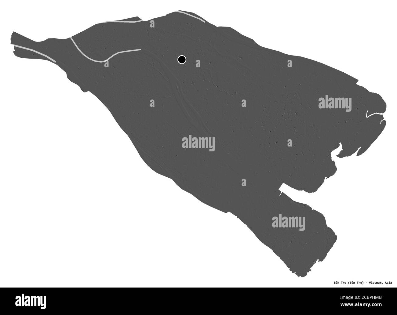 Forma di Bến tre, provincia del Vietnam, con la sua capitale isolata su sfondo bianco. Mappa elevazione bilivello. Rendering 3D Foto Stock