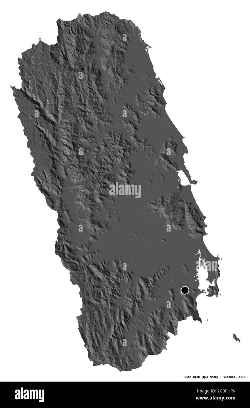 Forma di Bình Định, provincia del Vietnam, con la sua capitale isolata su sfondo bianco. Mappa elevazione bilivello. Rendering 3D Foto Stock