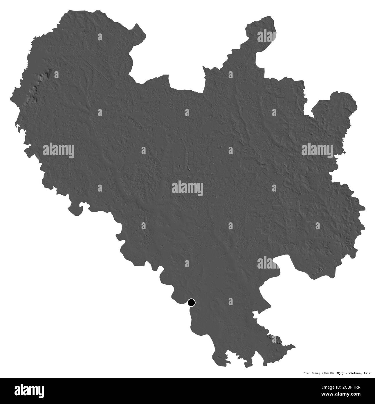 Forma di Bình Dương, provincia del Vietnam, con la sua capitale isolata su sfondo bianco. Mappa elevazione bilivello. Rendering 3D Foto Stock