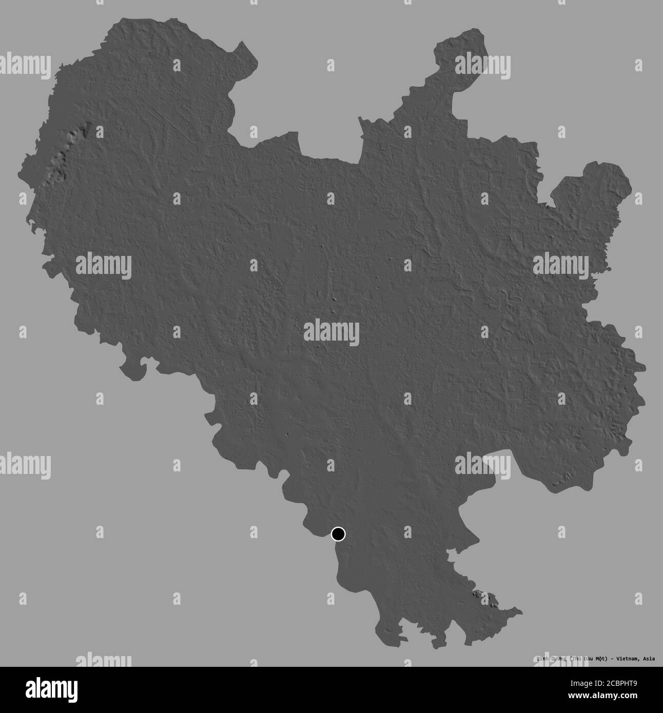 Forma di Bình Dương, provincia del Vietnam, con la sua capitale isolata su uno sfondo di colore pieno. Mappa elevazione bilivello. Rendering 3D Foto Stock