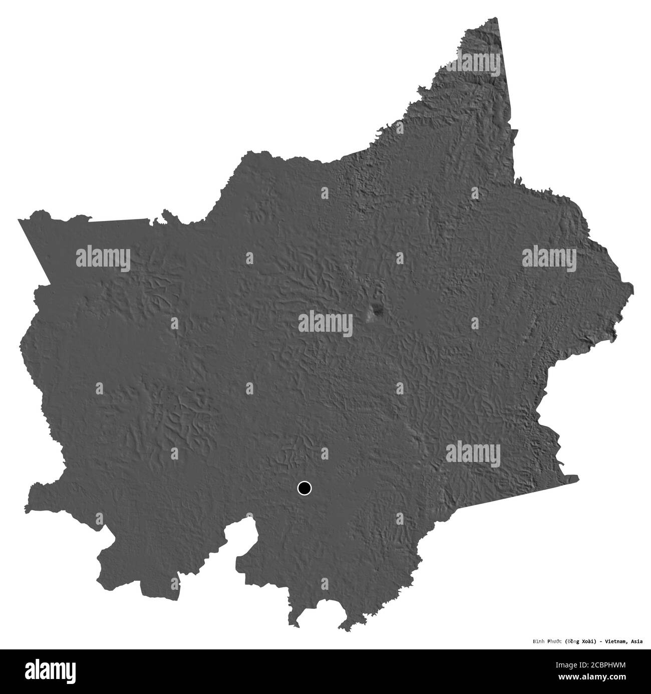 Forma di Bình Phước, provincia del Vietnam, con la sua capitale isolata su sfondo bianco. Mappa elevazione bilivello. Rendering 3D Foto Stock
