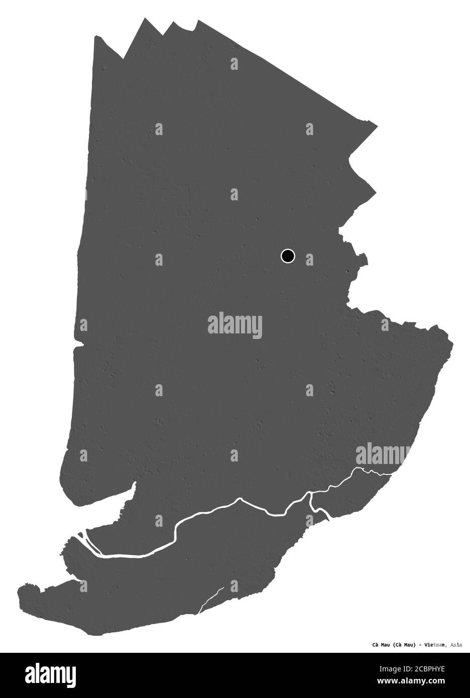 Forma di Cà Mau, provincia del Vietnam, con la sua capitale isolata su sfondo bianco. Mappa elevazione bilivello. Rendering 3D Foto Stock