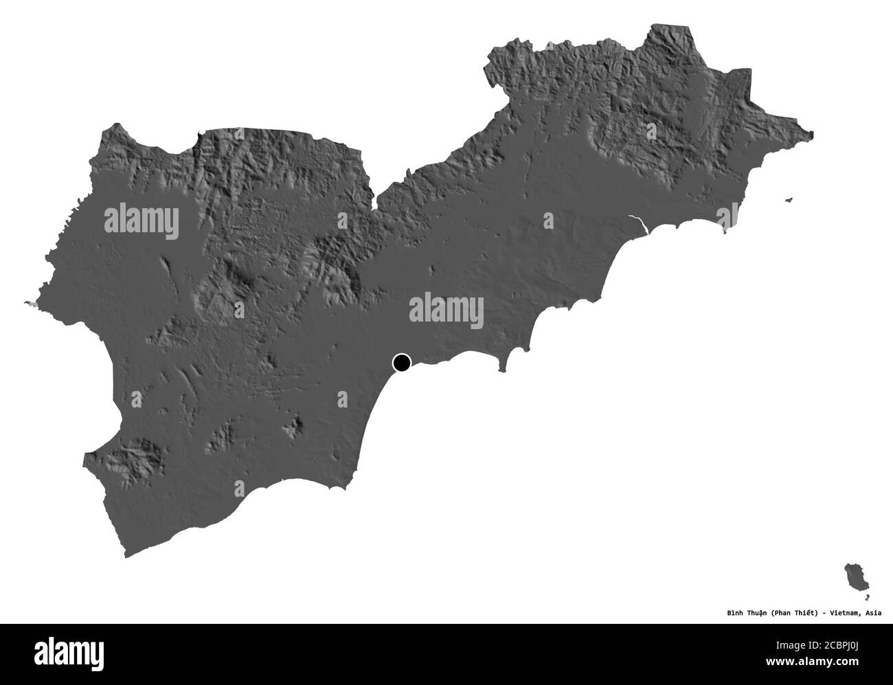 Forma di Bình Thuận, provincia del Vietnam, con la sua capitale isolata su sfondo bianco. Mappa elevazione bilivello. Rendering 3D Foto Stock
