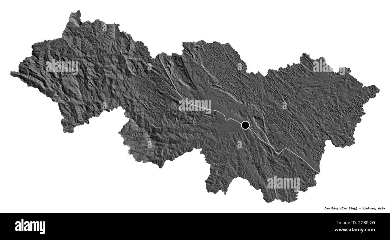 Forma di Cao Bằng, provincia del Vietnam, con la sua capitale isolata su sfondo bianco. Mappa elevazione bilivello. Rendering 3D Foto Stock