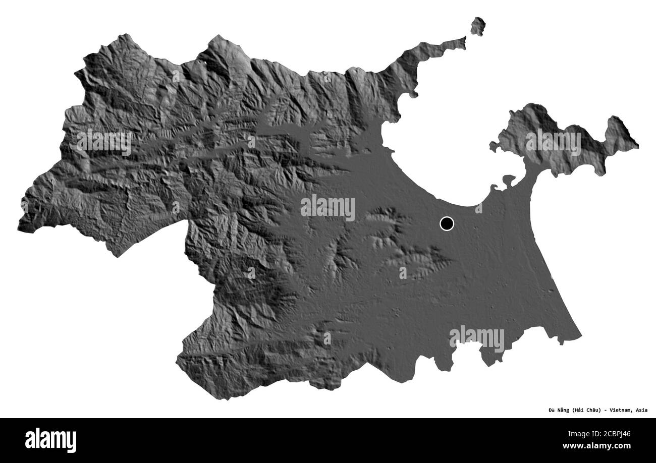 Forma di Đà Nẵng, città del Vietnam, con la sua capitale isolata su sfondo bianco. Mappa elevazione bilivello. Rendering 3D Foto Stock