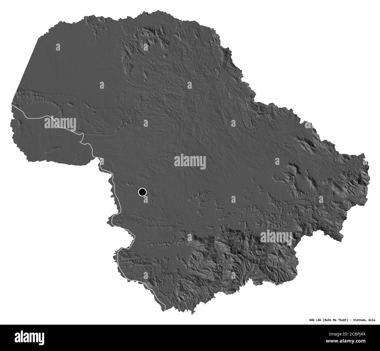 Forma di Đắk Lắk, provincia del Vietnam, con la sua capitale isolata su sfondo bianco. Mappa elevazione bilivello. Rendering 3D Foto Stock