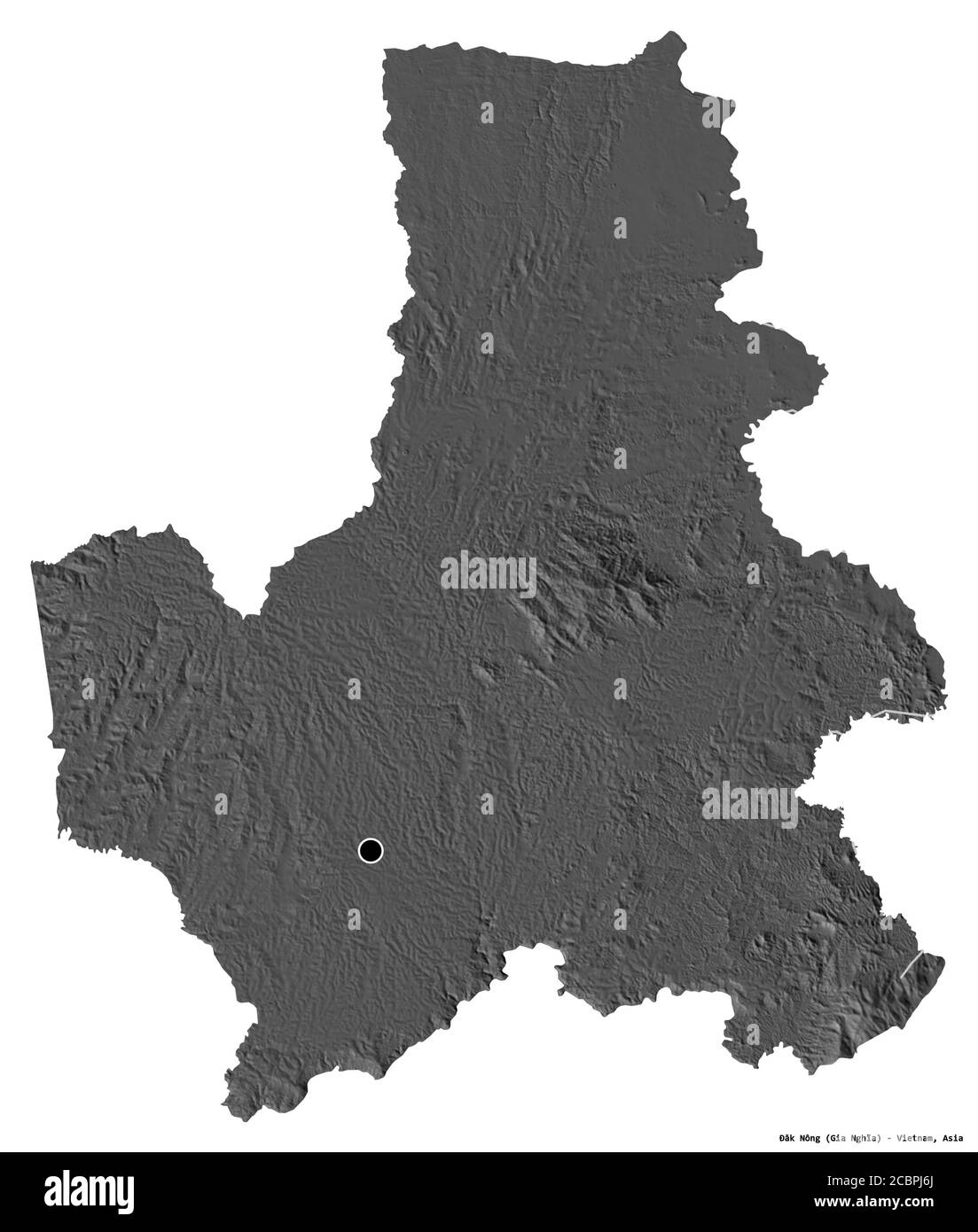 Forma di Đăk Nông, provincia del Vietnam, con la sua capitale isolata su sfondo bianco. Mappa elevazione bilivello. Rendering 3D Foto Stock