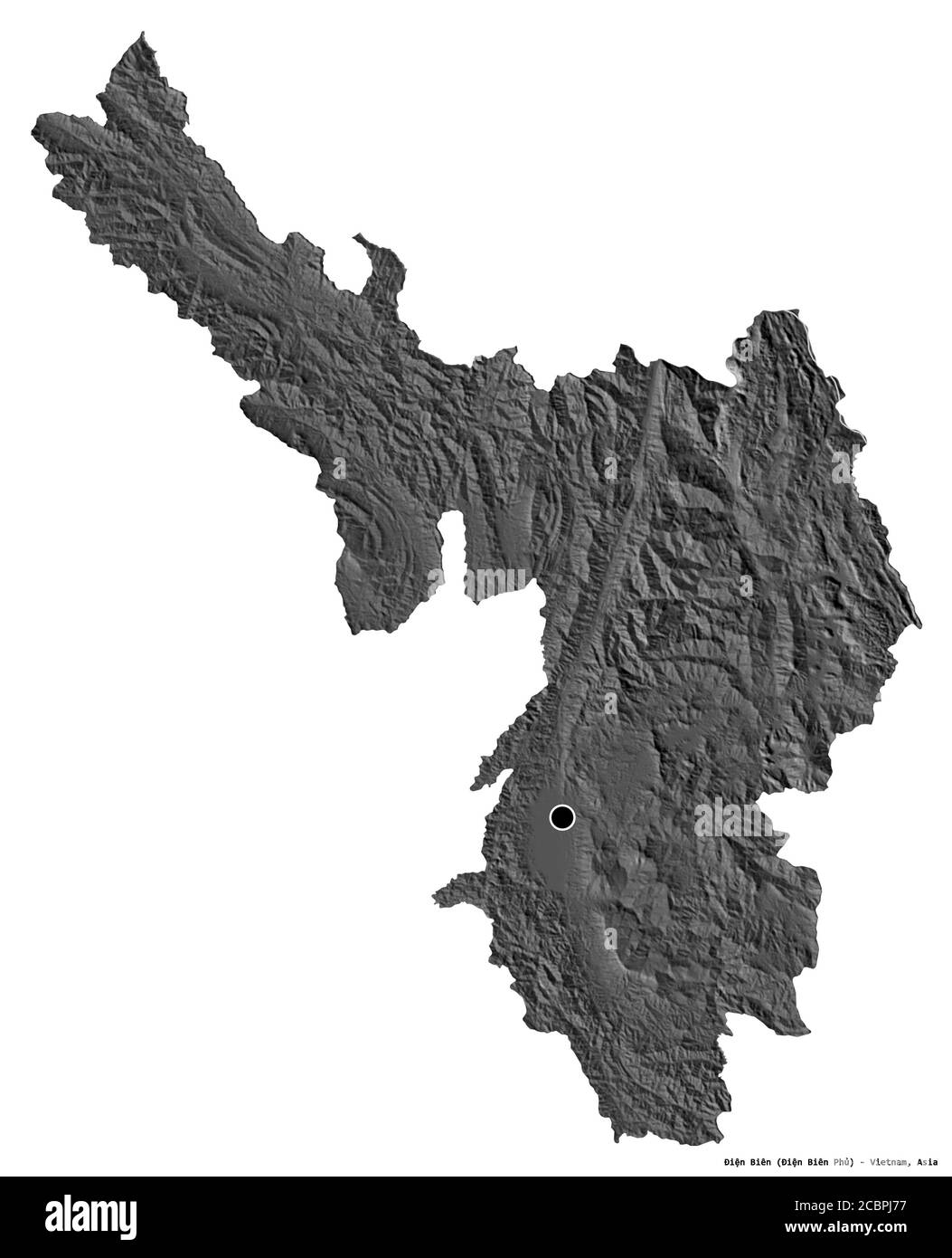Forma di Điện Biên, provincia del Vietnam, con la sua capitale isolata su sfondo bianco. Mappa elevazione bilivello. Rendering 3D Foto Stock