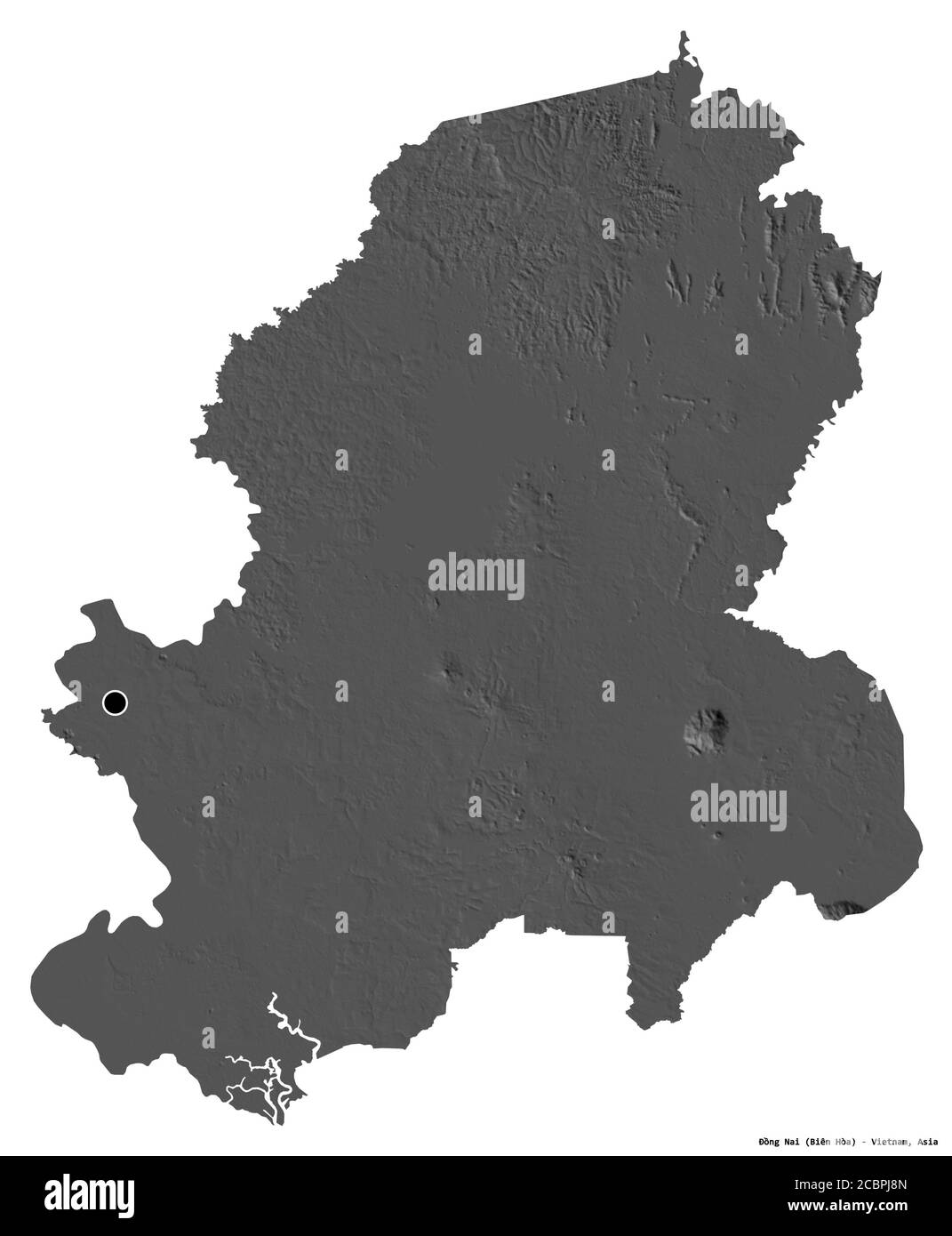 Forma di Đồng Nai, provincia del Vietnam, con la sua capitale isolata su sfondo bianco. Mappa elevazione bilivello. Rendering 3D Foto Stock