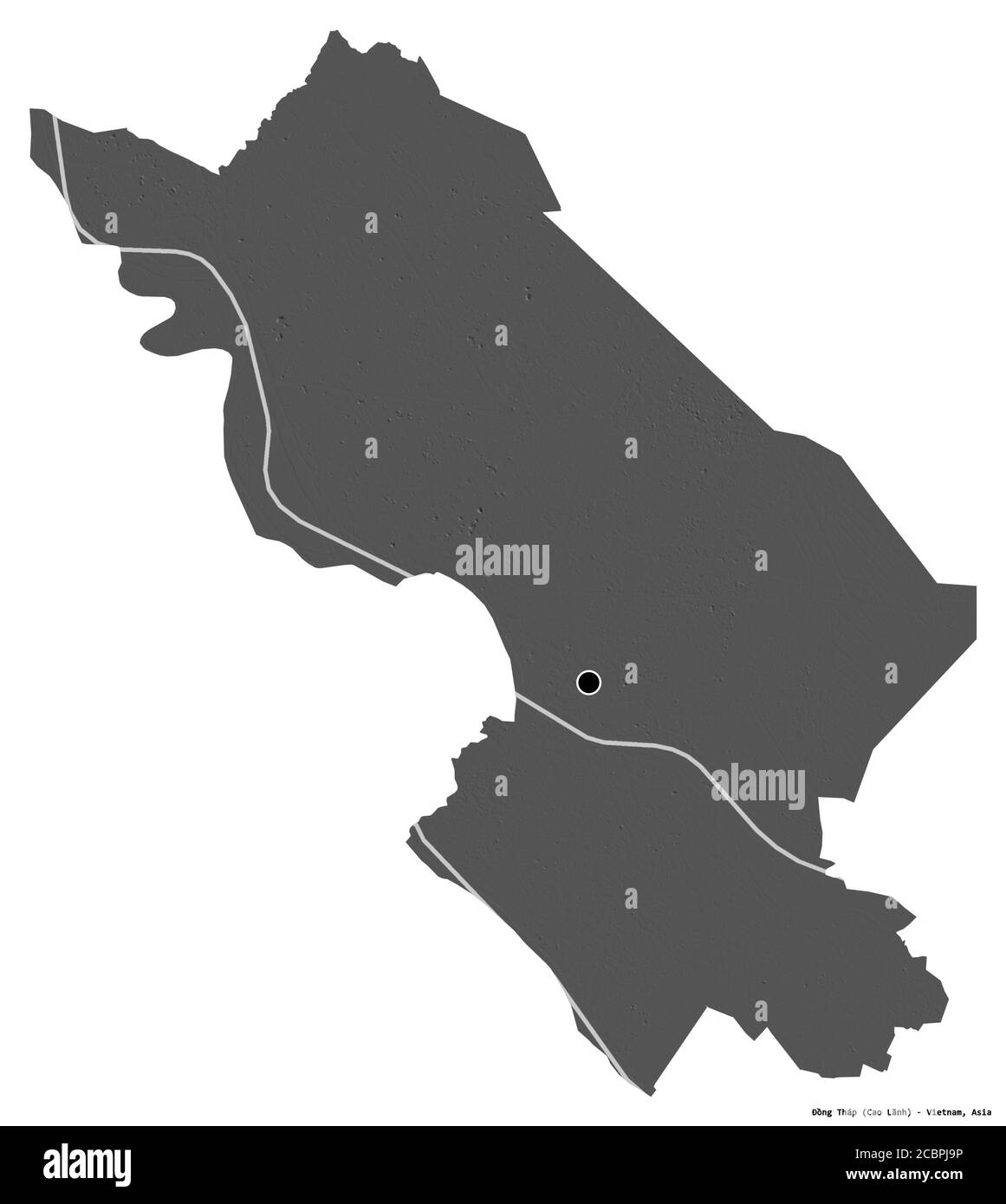 Forma di Đồng Tháp, provincia del Vietnam, con la sua capitale isolata su sfondo bianco. Mappa elevazione bilivello. Rendering 3D Foto Stock