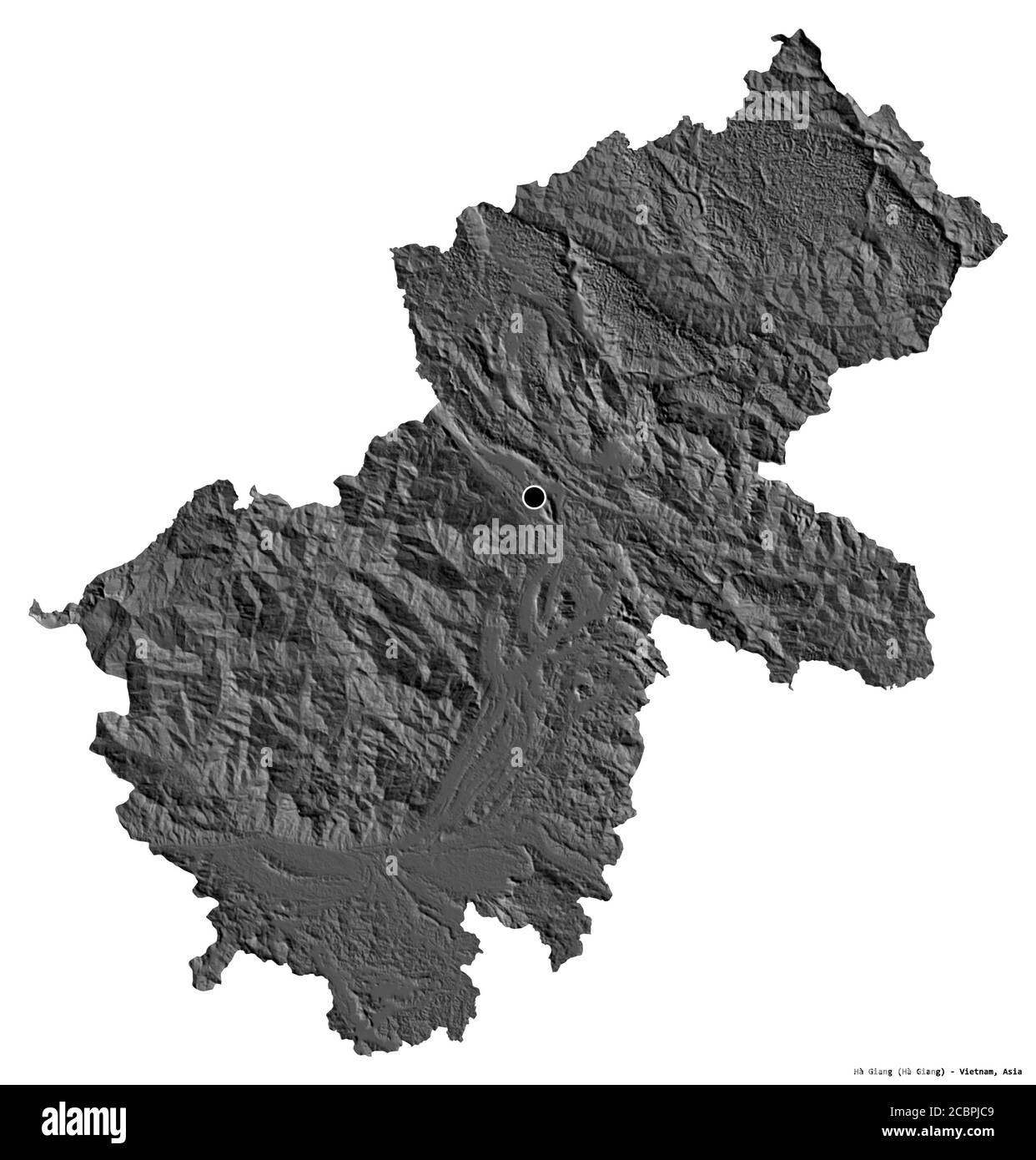 Forma di Hà Giang, provincia del Vietnam, con la sua capitale isolata su sfondo bianco. Mappa elevazione bilivello. Rendering 3D Foto Stock
