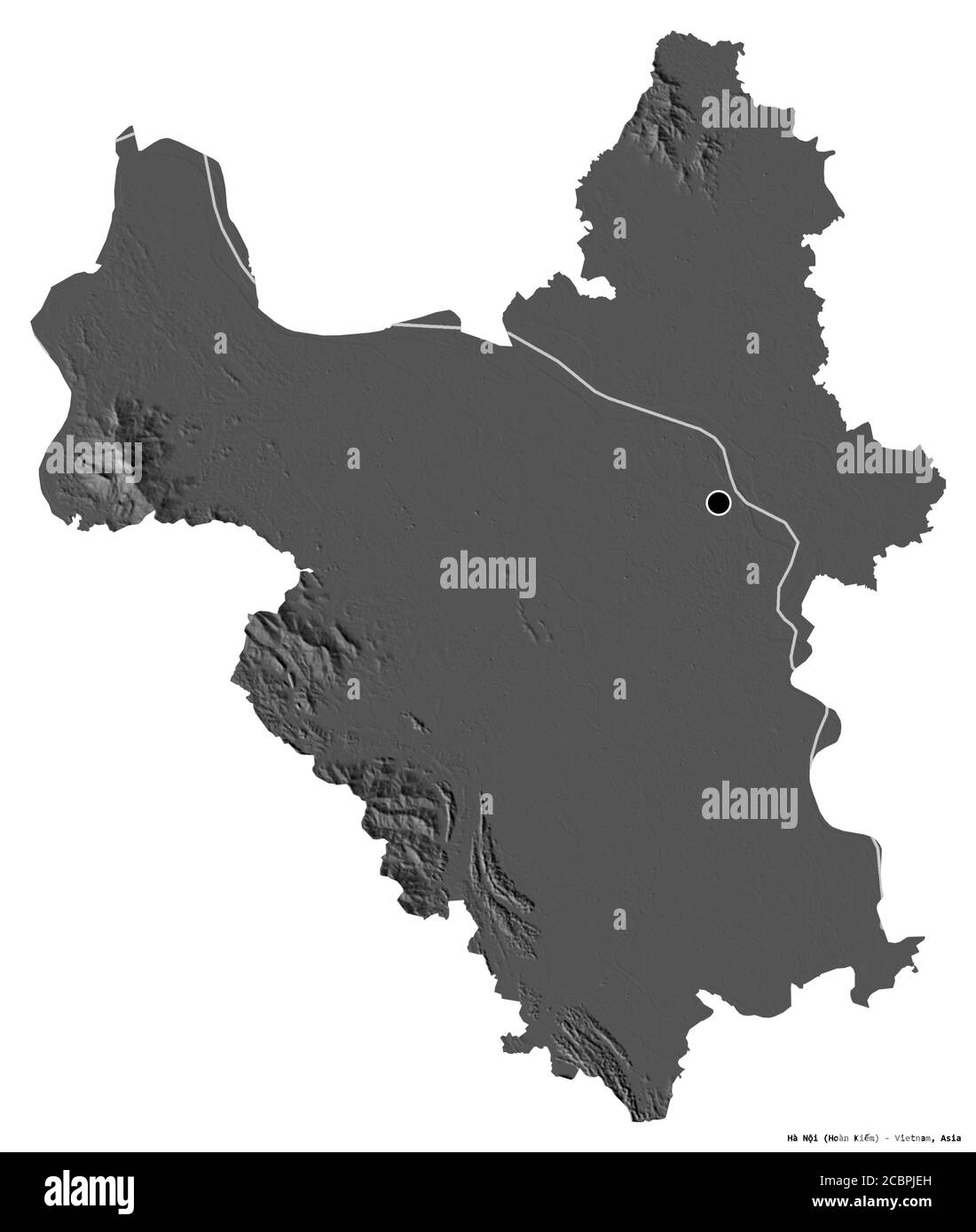 Forma di Hà Nội, città del Vietnam, con la sua capitale isolata su sfondo bianco. Mappa elevazione bilivello. Rendering 3D Foto Stock