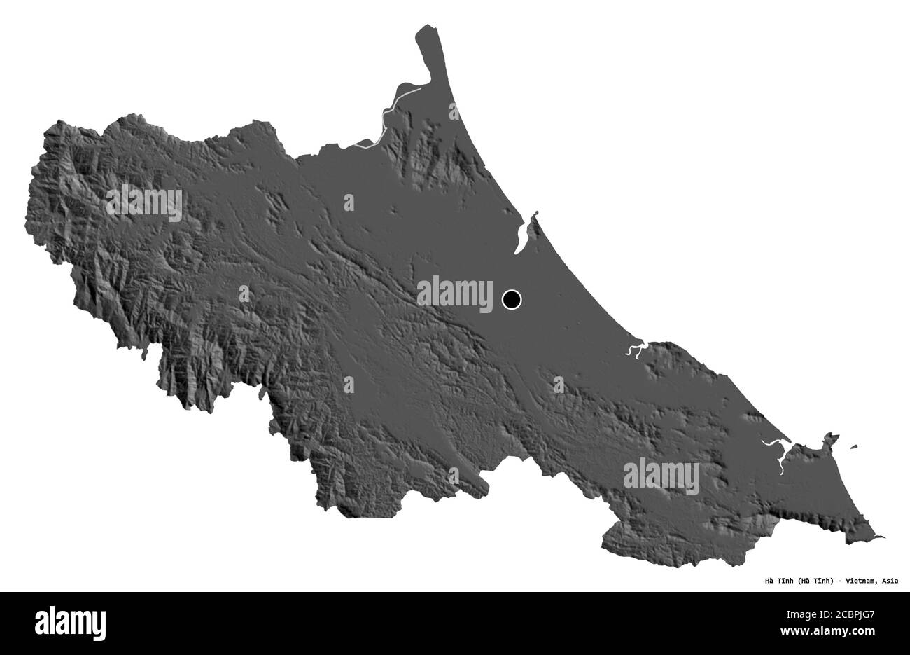Forma di Hà Tĩnh, provincia del Vietnam, con la sua capitale isolata su sfondo bianco. Mappa elevazione bilivello. Rendering 3D Foto Stock