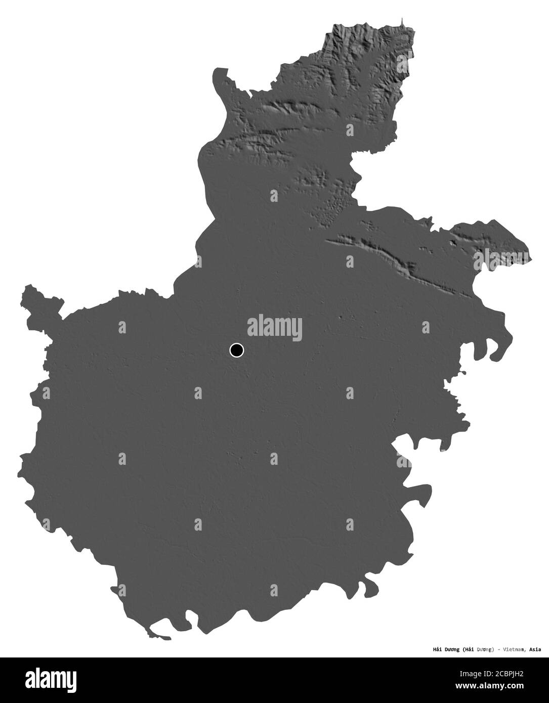 Forma di Hải Dương, provincia del Vietnam, con la sua capitale isolata su sfondo bianco. Mappa elevazione bilivello. Rendering 3D Foto Stock
