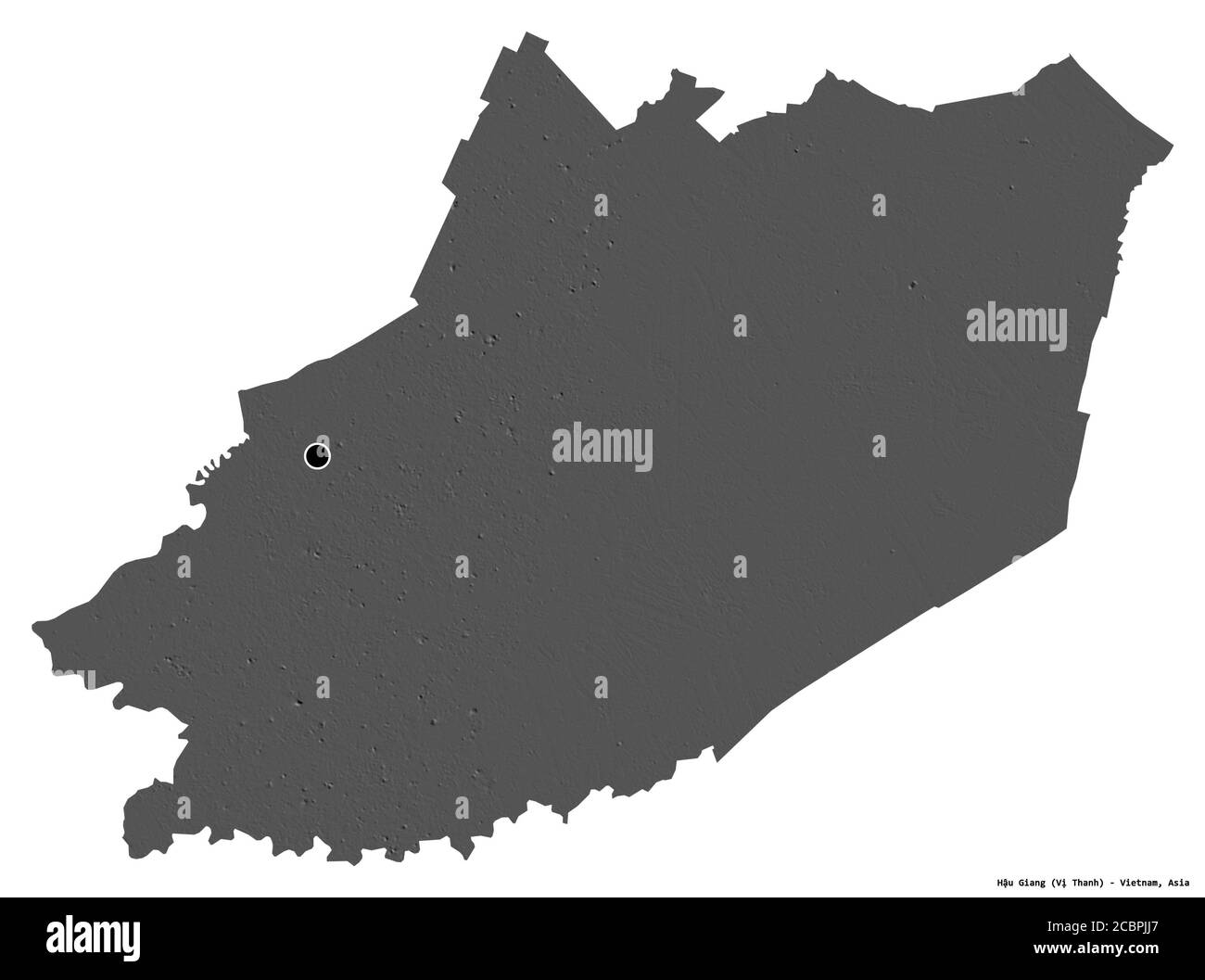 Forma di Hậu Giang, provincia del Vietnam, con la sua capitale isolata su sfondo bianco. Mappa elevazione bilivello. Rendering 3D Foto Stock
